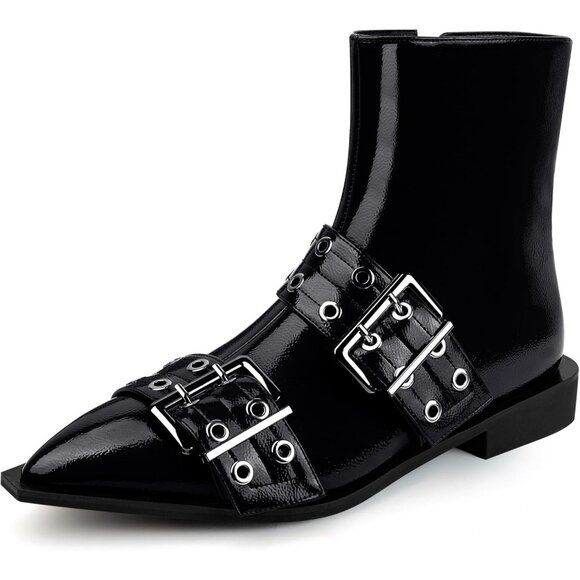 ⚡Women's Black Patent Halloween Ankle Boot Pointed Toe Chunky Heel Boots Buckles - Picture 1 of 6